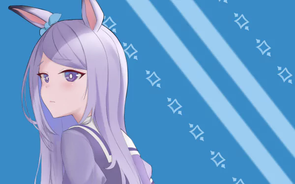 Mejiro McQueen (Uma Musume: Pretty Derby) — purple-haired anime girl with horse ears looking over her shoulder against a blue geometric backdrop, 2K Quad HD PC wallpaper.