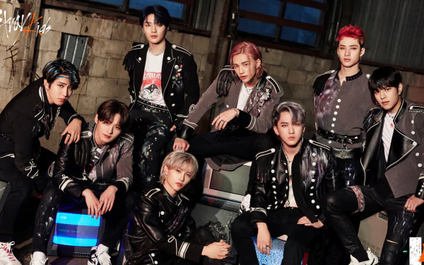 Stray Kids members Changbin, Han, Lee Know, I.N, Seungmin, Hyunjin, Felix, and Bang Chan pose together in a stylish 4K Ultra HD K-pop desktop wallpaper.