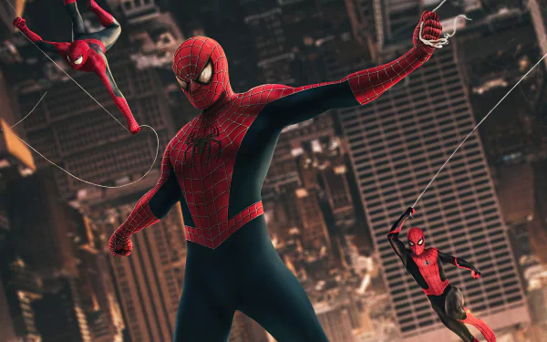 HD desktop wallpaper of Spider-Man: No Way Home showing three versions of Spider-Man swinging through a cityscape at night, featuring Peter Parker in his iconic red and blue costume.
