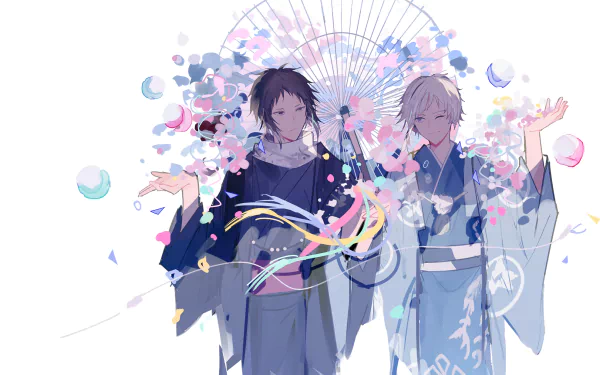 Anime HD wallpaper of Atsushi Nakajima and Ryūnosuke Akutagawa in matching kimonos beneath a paper umbrella, surrounded by pastel confetti, ribbons and floating bubbles — Bungou Stray Dogs.
