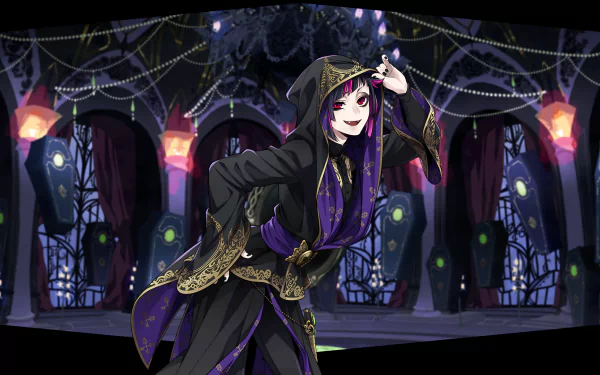 Lilia Vanrouge from the video game Twisted Wonderland, grinning in a dark purple hooded outfit with gold trim on a gothic, lantern-lit stage — HD PC desktop wallpaper background.