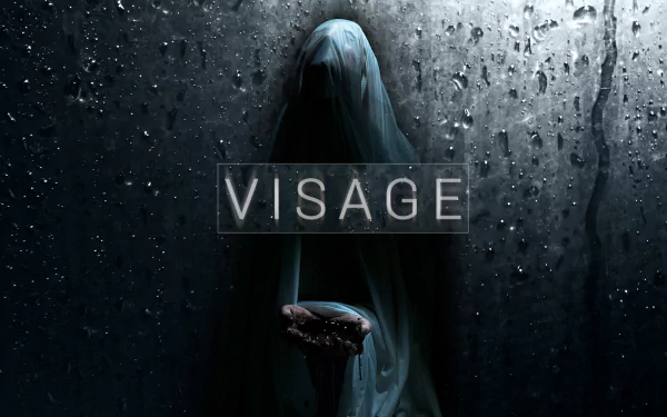 A haunting HD desktop wallpaper featuring the word VISAGE with a shadowy figure cloaked in mist, set against a backdrop of raindrops and dark textures, evoking a chilling video game atmosphere.