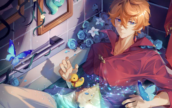 Tartaglia (Childe) from the video game Genshin Impact reclining amid glowing blue butterflies and roses, holding a rubber duck; vibrant 2K Quad HD PC desktop wallpaper/background.