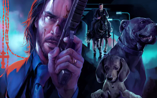 4K Ultra HD PC desktop wallpaper featuring Keanu Reeves as John Wick from John Wick: Chapter 3 – Parabellum, with intense action and two dogs.