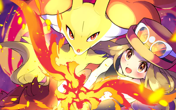 HD anime-style Pokémon wallpaper featuring Serena alongside her fiery Delphox, surrounded by vibrant flames and dynamic action.
