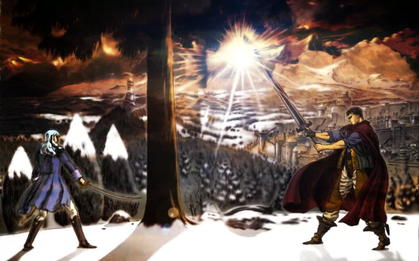 HD PC desktop wallpaper featuring anime characters Guts and Griffith from Berserk in an intense showdown under a dramatic sky.