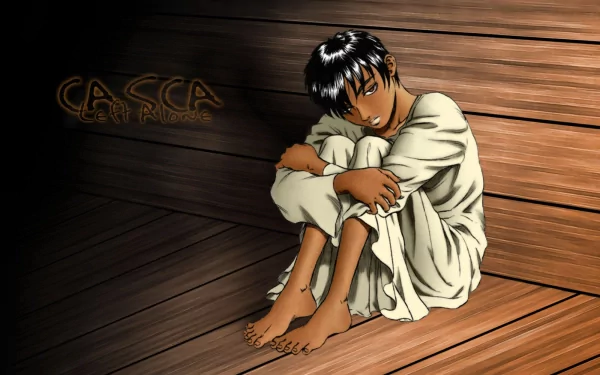 A serene HD wallpaper of Casca from Berserk, featuring a contemplative pose against a wooden backdrop, capturing the anime's emotional depth and character portrayal.