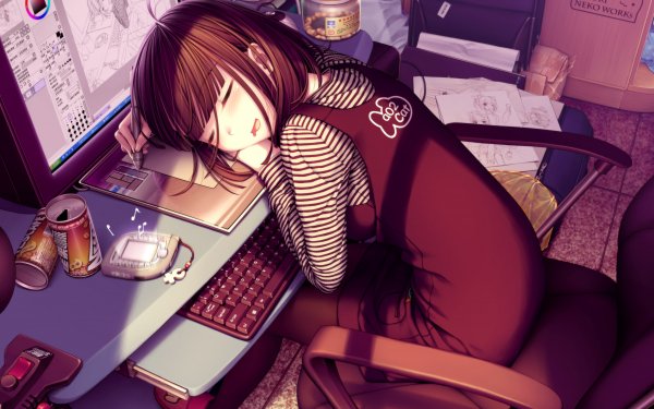 Anime Girl Sleeping Brown Hair Computer HD Wallpaper | Background Image