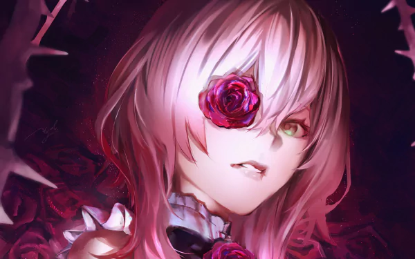 HD anime-style desktop wallpaper featuring Rosemi Lovelock, a Virtual YouTuber from Nijisanji, with pink hair and a rose eye patch in a dark, gothic setting.