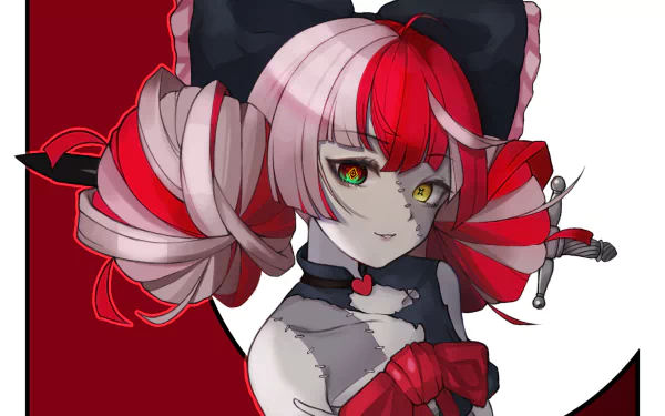 HD PC desktop wallpaper featuring Kureiji Ollie, an anime-style Virtual YouTuber from hololive, with striking red and white hair against a bold red and black background.