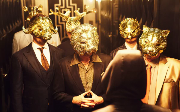 Scene from the TV show Squid Game featuring four characters in suits wearing elaborate gold animal masks, presented as a 4K Ultra HD PC desktop wallpaper.