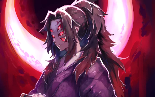 HD PC desktop wallpaper featuring Kokushibo from the anime Demon Slayer: Kimetsu no Yaiba, depicted with multiple eyes and a dark, intense background.