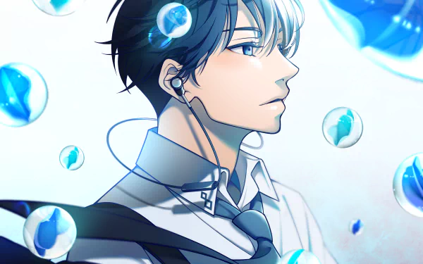 HD anime desktop wallpaper featuring a thoughtful anime boy with dark hair, wearing earbuds, surrounded by glowing blue bubbles in a soft, bright background.
