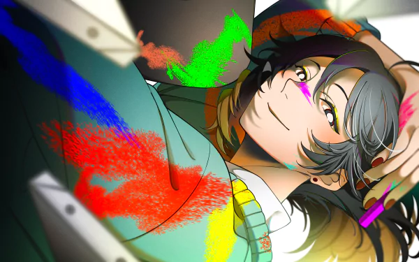 Maki Kuwana from Blue Period reclining with paint-splattered sweater and brush, vibrant red, blue and green strokes across a 2K Quad HD anime PC desktop wallpaper background.