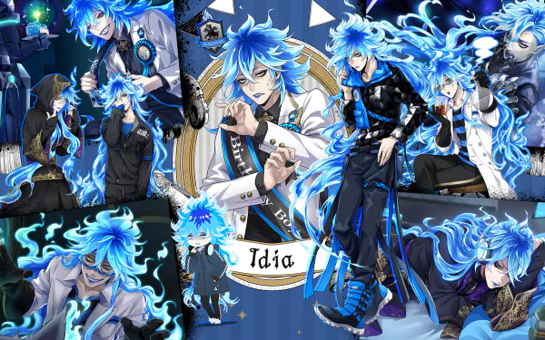 HD PC desktop wallpaper featuring multiple dynamic poses of Idia Shroud from the video game Twisted Wonderland, surrounded by blue flames and digital elements.