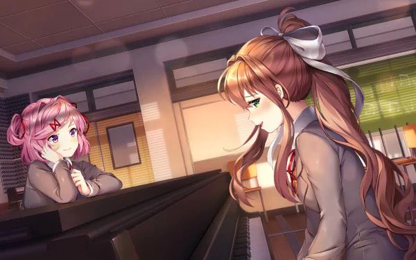 HD PC wallpaper of Monika and Natsuki from the video game Doki Doki Literature Club! in a sunlit classroom, Monika at a piano while Natsuki watches with a shy smile.