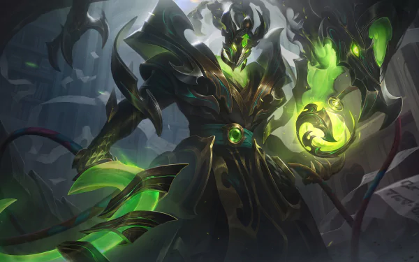 8K Ultra HD PC wallpaper of Thresh (League of Legends): a spectral, green-lit warden holding a glowing lantern and hook amid a dark, misty battlefield — video game background.