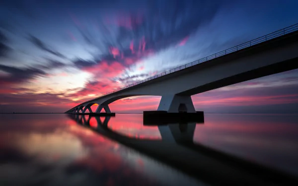 Netherlands Zeeland Bridge sunset reflection man made bridge HD Desktop Wallpaper | Background Image