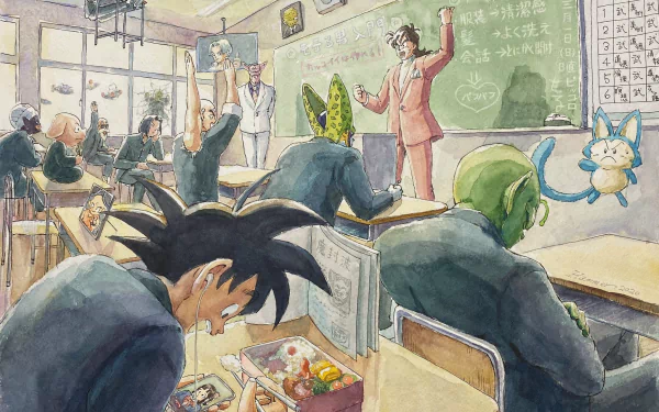 A vibrant anime scene from Dragon Ball depicts a classroom filled with familiar characters, blending humor and action in a unique HD wallpaper background.