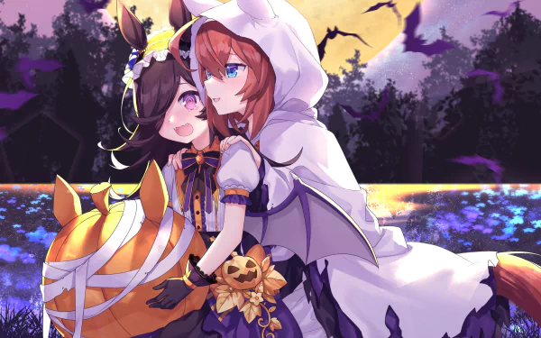 Uma Musume: Pretty Derby — Rice Shower and Mihono Bourbon in Halloween-themed outfits embracing by a moonlit lake and purple forest, detailed 4K Ultra HD PC desktop wallpaper background.