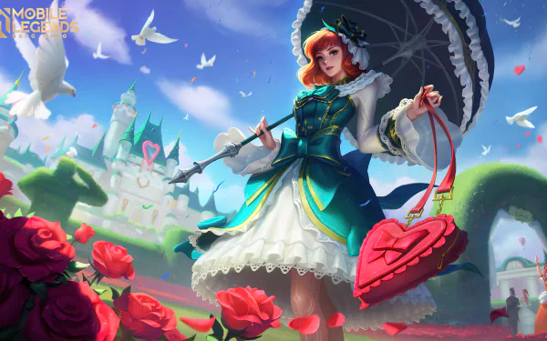 4K Ultra HD PC desktop wallpaper of Kagura (Mobile Legends) from the video game Mobile Legends: Bang Bang — Kagura in a blue Victorian dress holding an umbrella and heart-shaped bag amid roses and a castle.