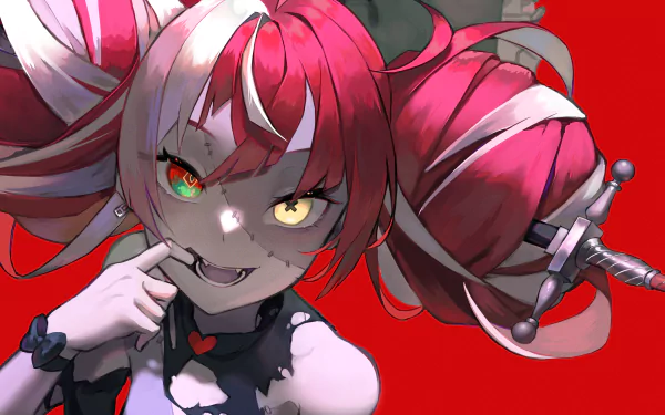 Anime-style hololive Virtual YouTuber Kureiji Ollie grinning with mismatched eyes and pink twin-tails against bold red — 2K Quad HD PC desktop wallpaper/background.