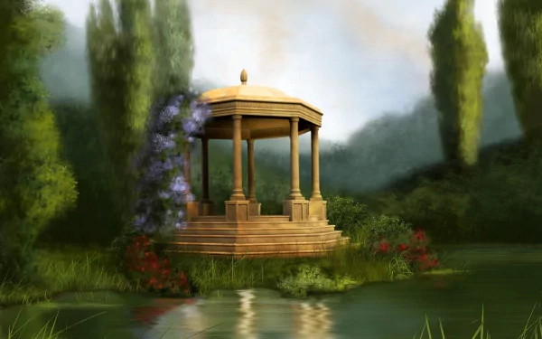 A dreamy gazebo surrounded by lush greenery and vibrant flowers, reflecting on a tranquil pond, creating a serene and artistic atmosphere in a beautiful garden park.