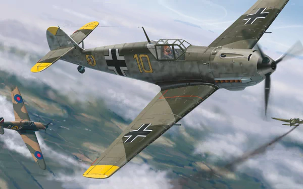 HD desktop wallpaper featuring Luftwaffe Messerschmitt Bf 109 fighter planes soaring in formation above clouds during a military air mission.