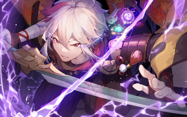 4K Ultra HD wallpaper featuring Kaedehara Kazuha from the video game Genshin Impact, depicted in dynamic action with glowing purple lightning effects.