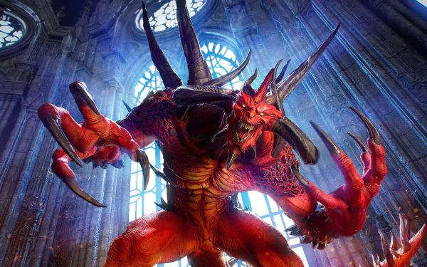 HD wallpaper featuring a demonic character from Diablo II: Resurrected, set against a gothic cathedral backdrop.