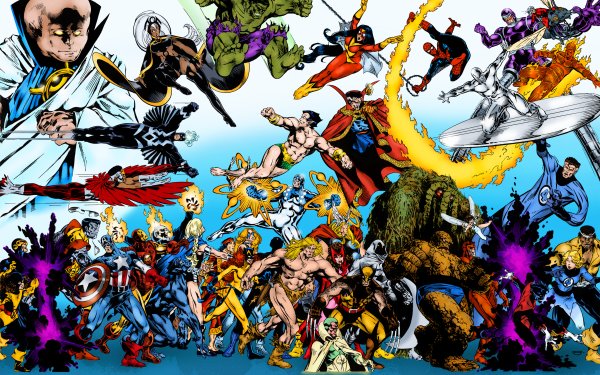 Bande-dessinées Marvel Comics Wolverine Vision Moon Knight Ka-Zar Hellcat Thor Namor the Sub-Mariner Docteur Strange Spider-Man Peter Parker Le Surfeur d'Argent Human Torch Spider-Woman Jessica Drew Hulk Storm Ororo Munroe Black Bolt Falcon Ant-Man Hank Pym Wasp Janet van Dyne Sorcière rouge Daredevil Nightcrawler Invisible Woman Mister Fantastic Luke Cage Man Thing Cyclops Colossus Ghost Rider Dazzler Thing Watcher Kitty Pryde Fond d'écran HD | Image