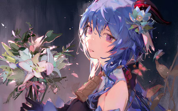 Ganyu (Genshin Impact) portrait holding white lilies, painterly colors and soft lighting — video game 2K Quad HD PC desktop wallpaper/background.