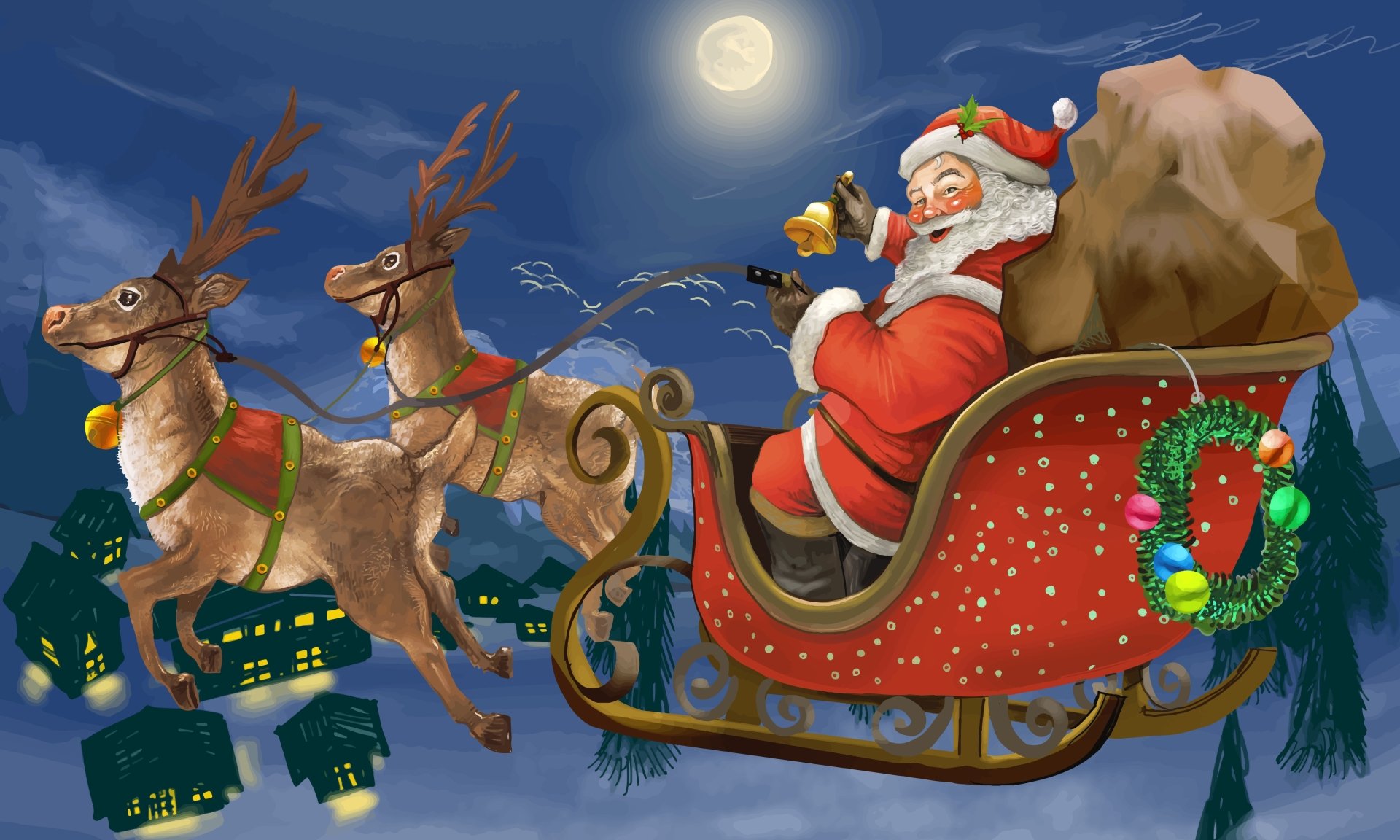 Download Reindeer Sleigh Santa Holiday Christmas 4k Ultra HD Wallpaper