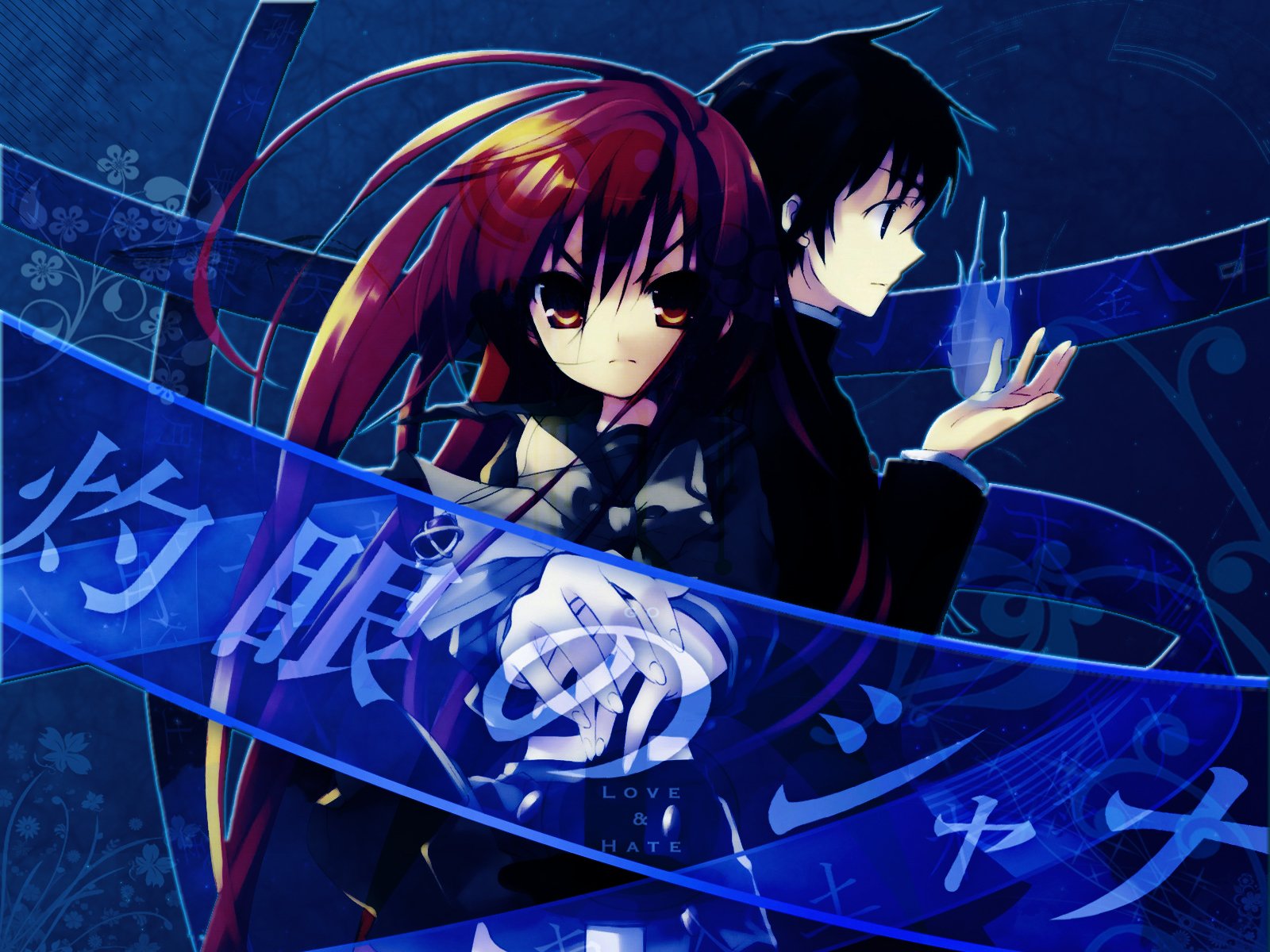 An HD desktop wallpaper featuring characters from the anime Shakugan No Shana, showcasing their intense expressions against a vivid blue background.