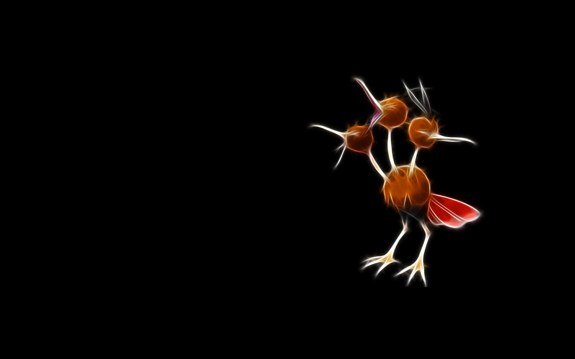 Anime-style HD PC desktop wallpaper: glowing Pokémon Dodrio centered on a black background.