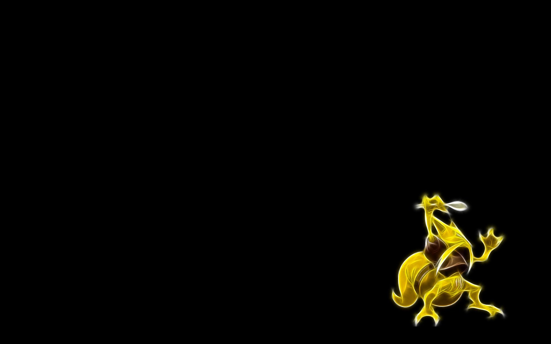 HD PC wallpaper of Kadabra, the psychic Pokémon from the Pokémon anime, glowing with yellow energy against a black background.
