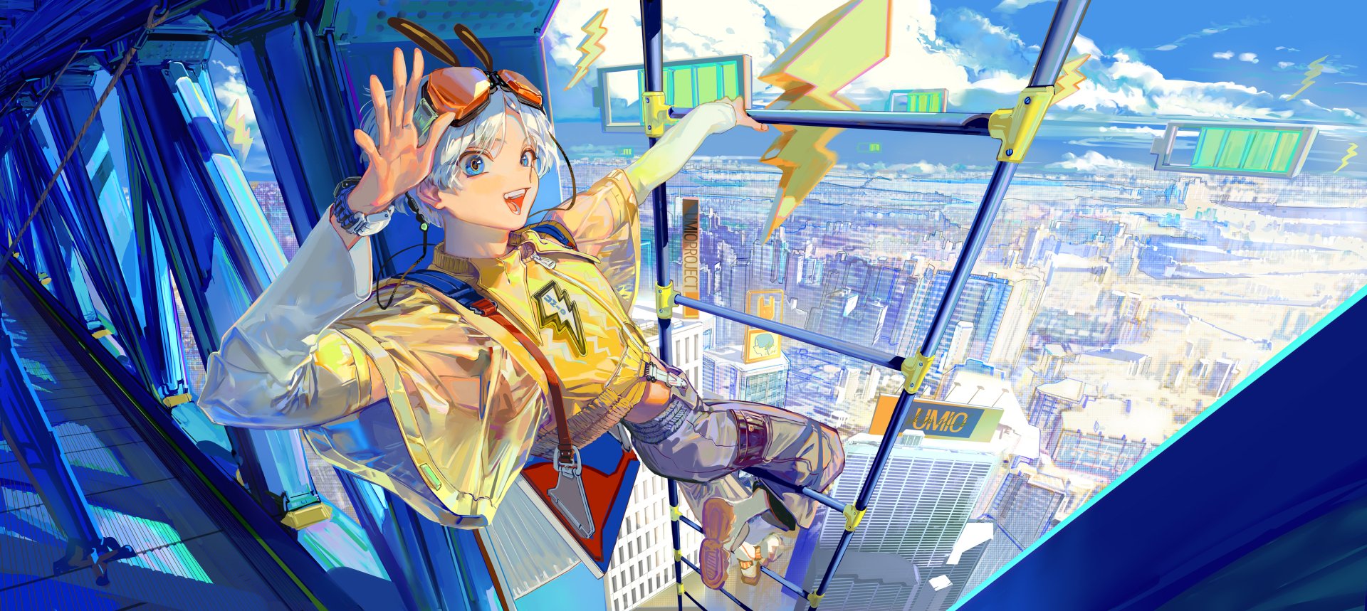 HD anime wallpaper featuring a cheerful anime boy with blue hair and goggles, set against a vibrant cityscape viewed from a high-tech glass structure.