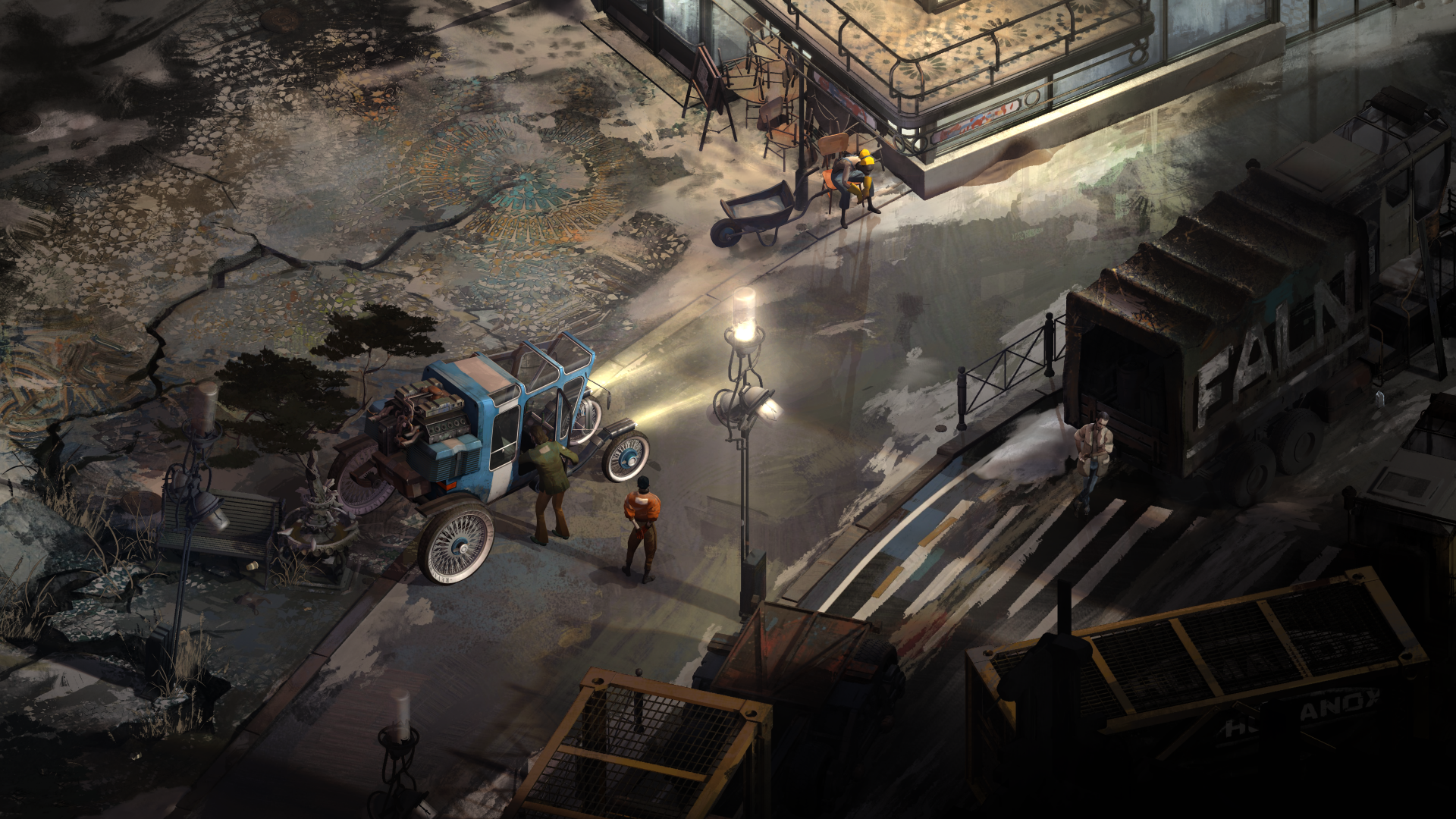 4K Ultra HD PC wallpaper from the video game Disco Elysium, featuring a detailed urban street scene with characters near a blue tractor under dim streetlights.