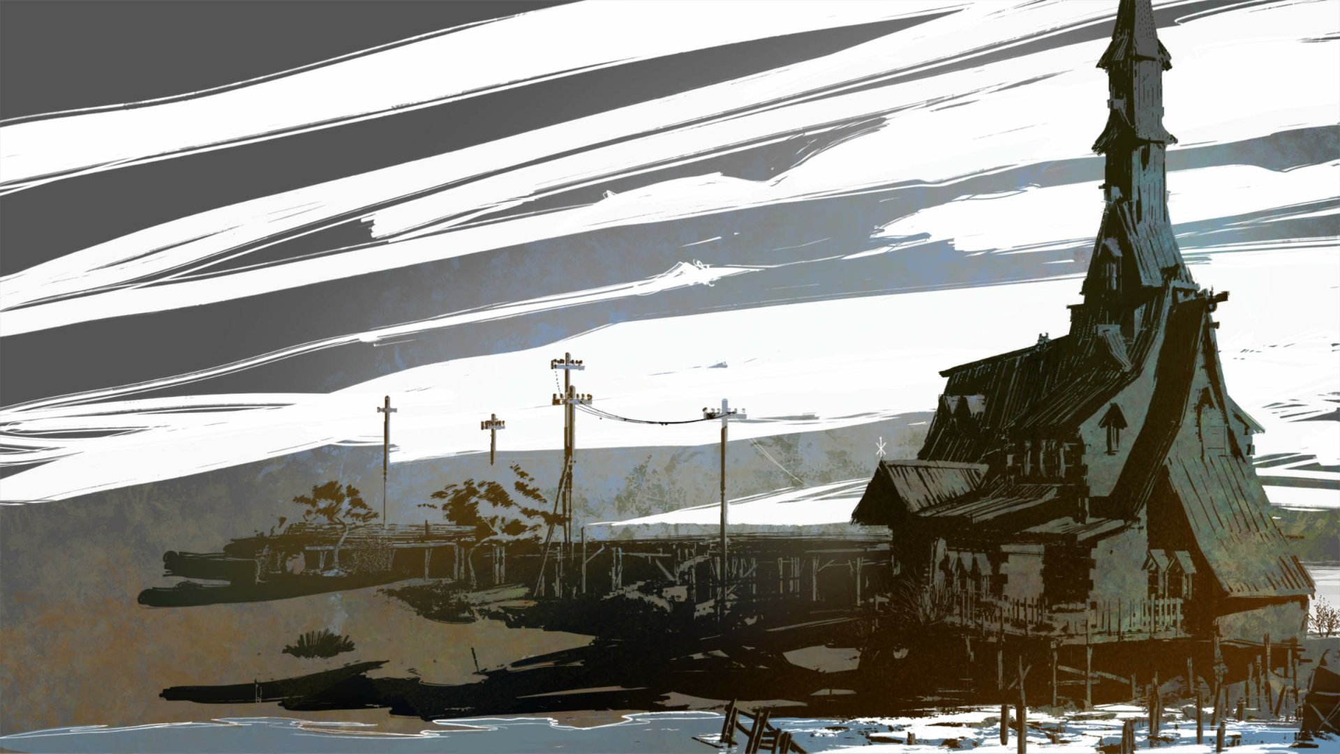 HD PC desktop wallpaper/background for the video game Disco Elysium: stylized coastal scene with a weathered church, docks and telegraph poles beneath a streaked gray sky.