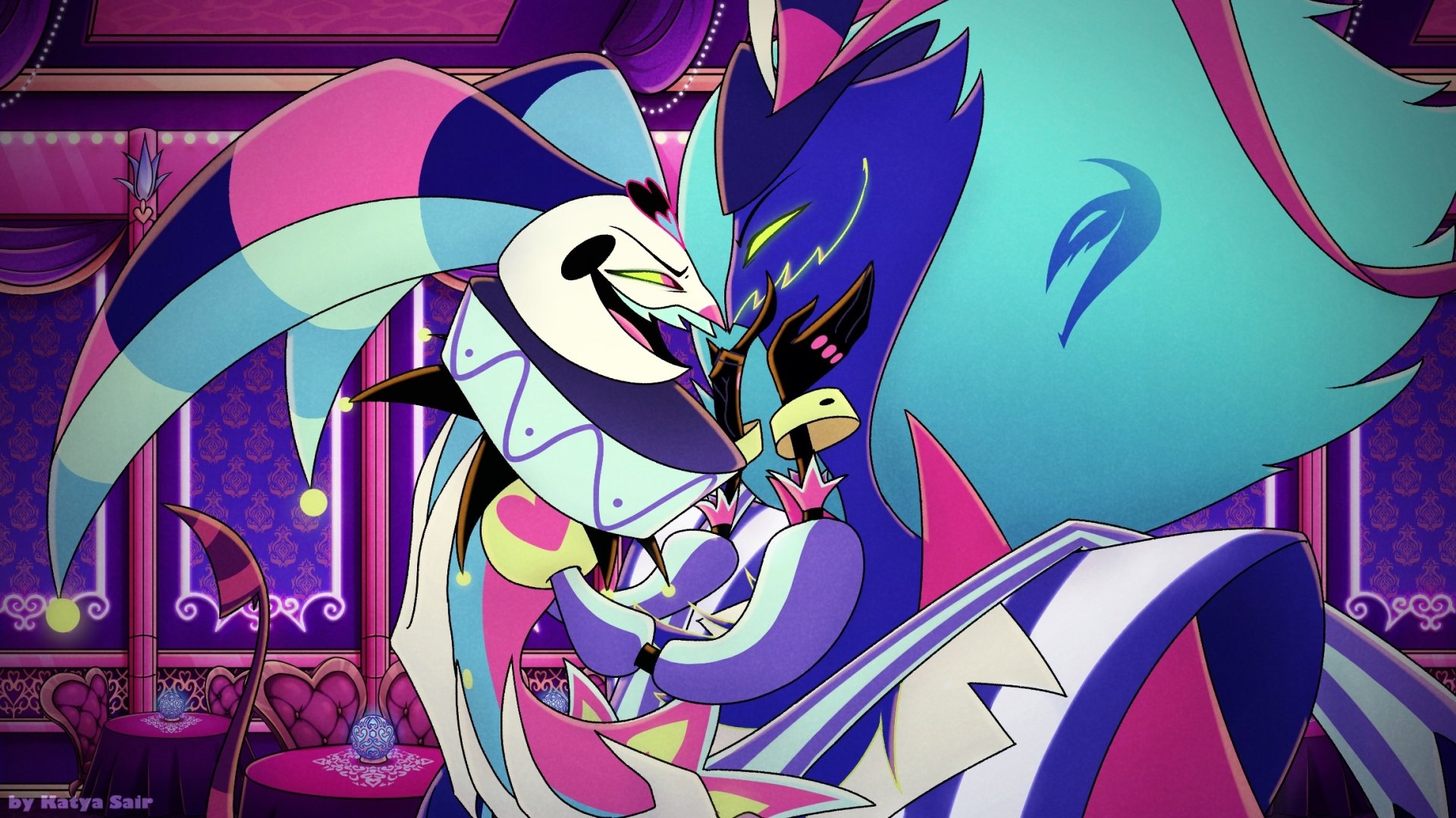 HD PC desktop wallpaper featuring Fizzarolli and Asmodeus from the Helluva Boss TV show in a vibrant, dynamic scene.