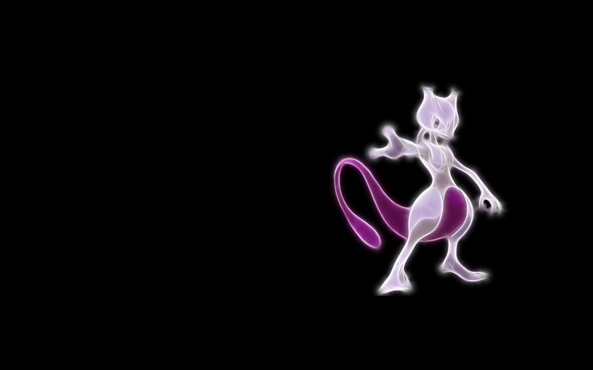 HD PC desktop wallpaper featuring Mewtwo, the legendary psychic Pokémon from the Pokémon anime, glowing against a black background.
