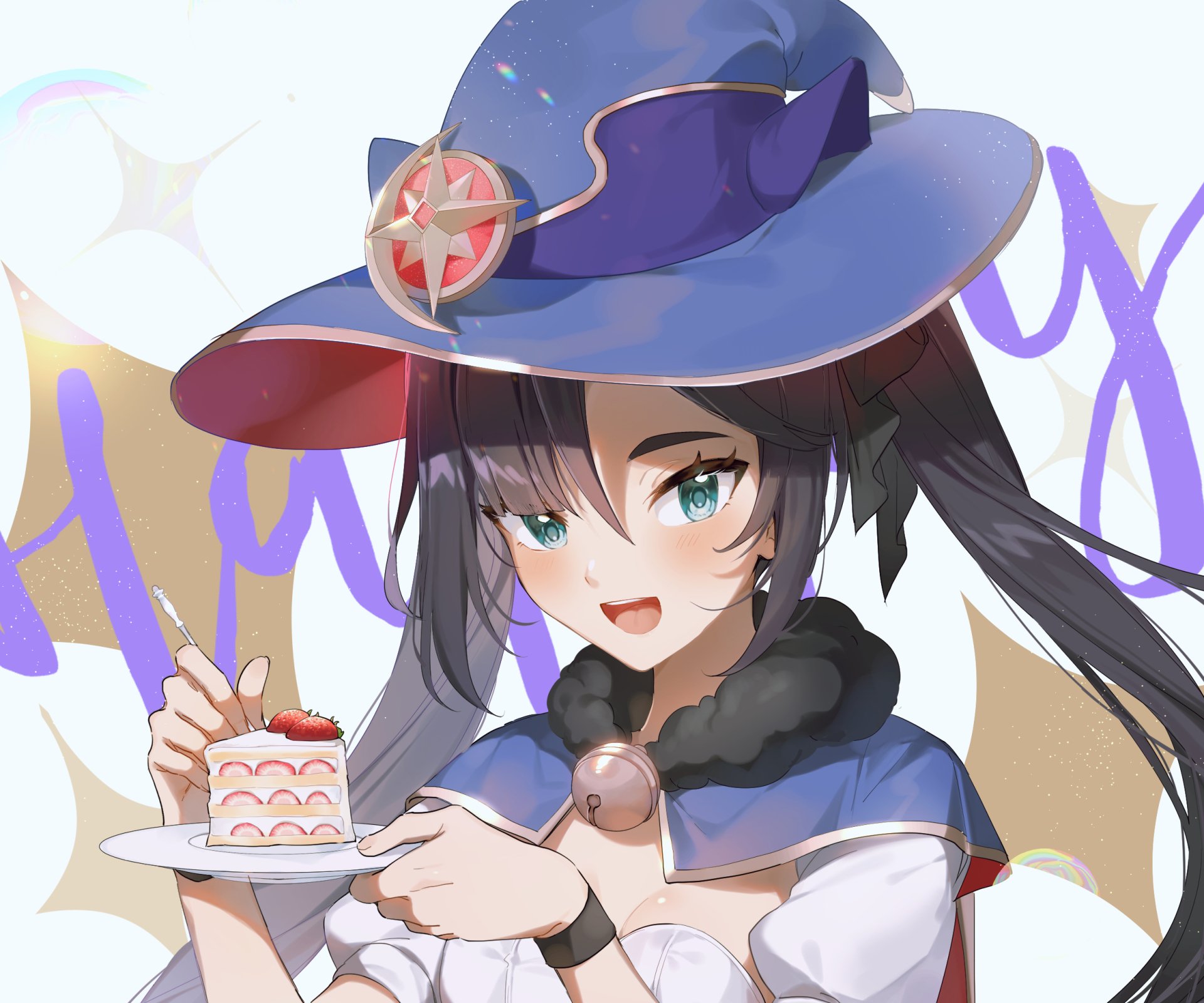 HD PC desktop wallpaper/background of Mona (Genshin Impact) from the video game Genshin Impact — smiling in her astrologer hat, holding a fork and a slice of layered cake.