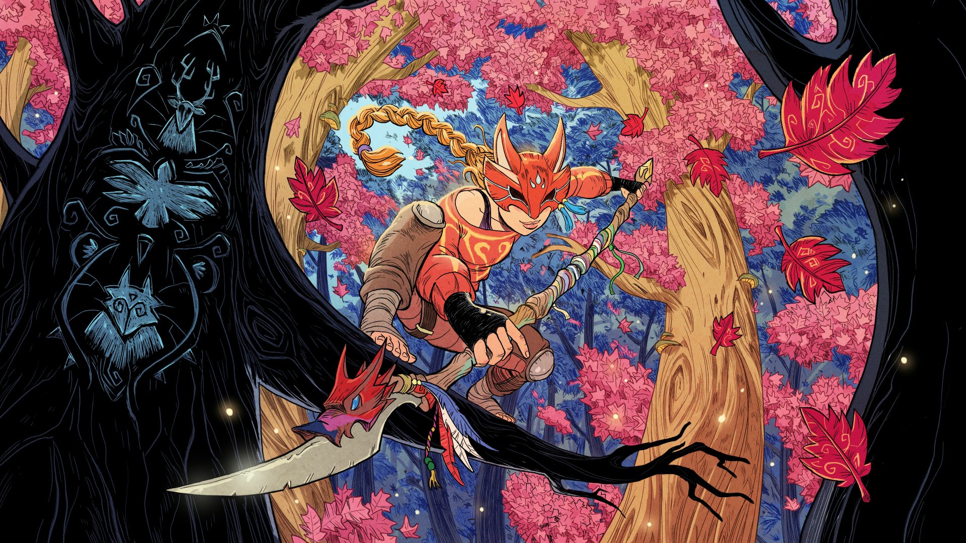 Fortnite loading screen: fox-masked warrior lunges with a spear amid pink blossom trees — vibrant video game scene rendered as 4K Ultra HD PC desktop wallpaper/background.