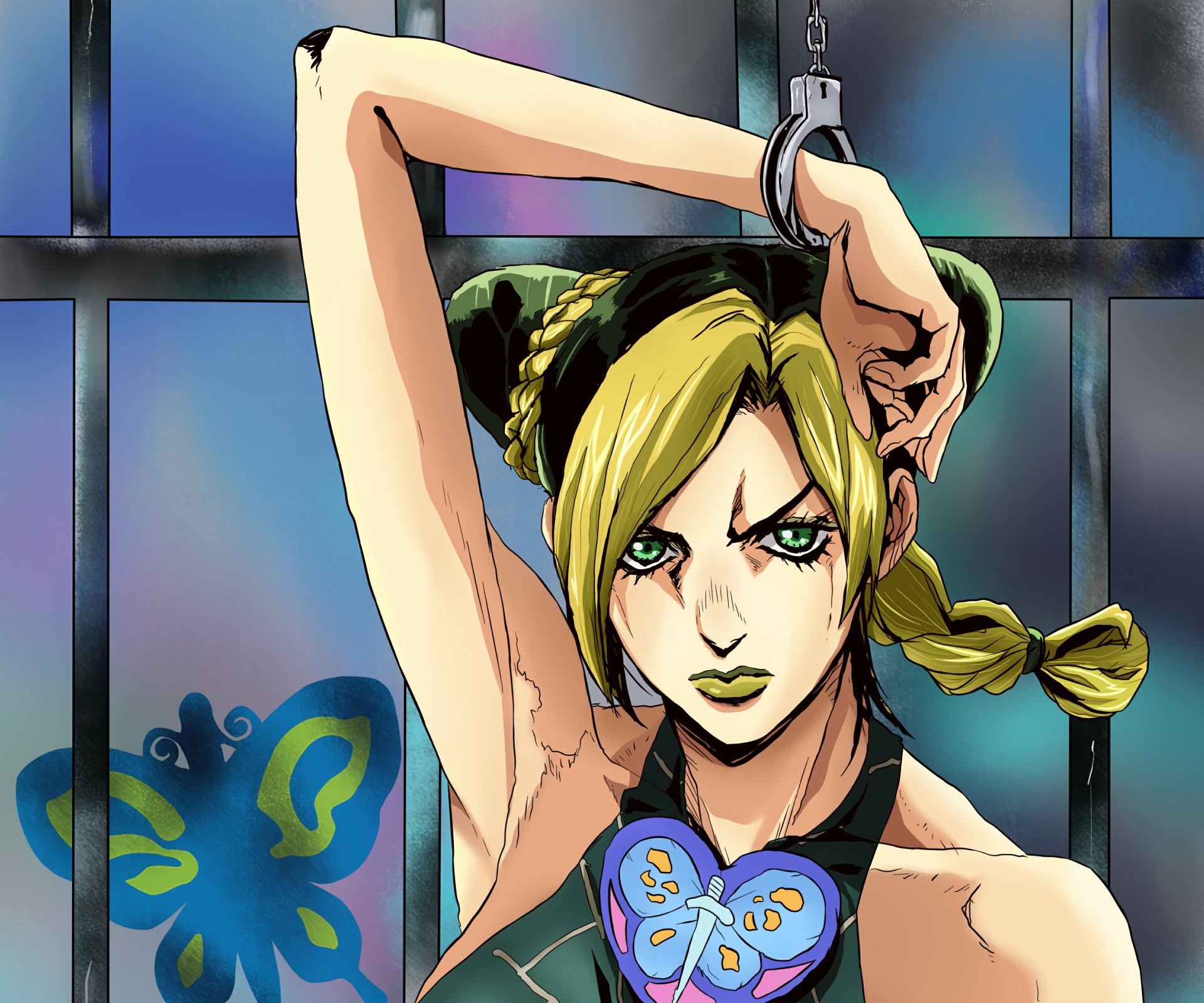 2K Quad HD PC desktop wallpaper of Jolyne Cujoh from JoJo's Bizarre Adventure: Stone Ocean — intense stare, braided green-blonde hair, raised arm, stained-glass window background.