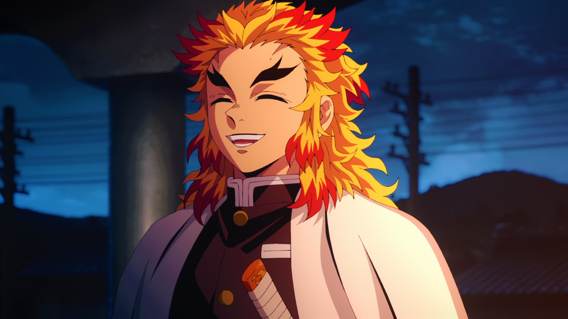 HD PC desktop wallpaper featuring Kyojuro Rengoku from the anime Demon Slayer: Kimetsu no Yaiba, smiling against a dark, nighttime background.