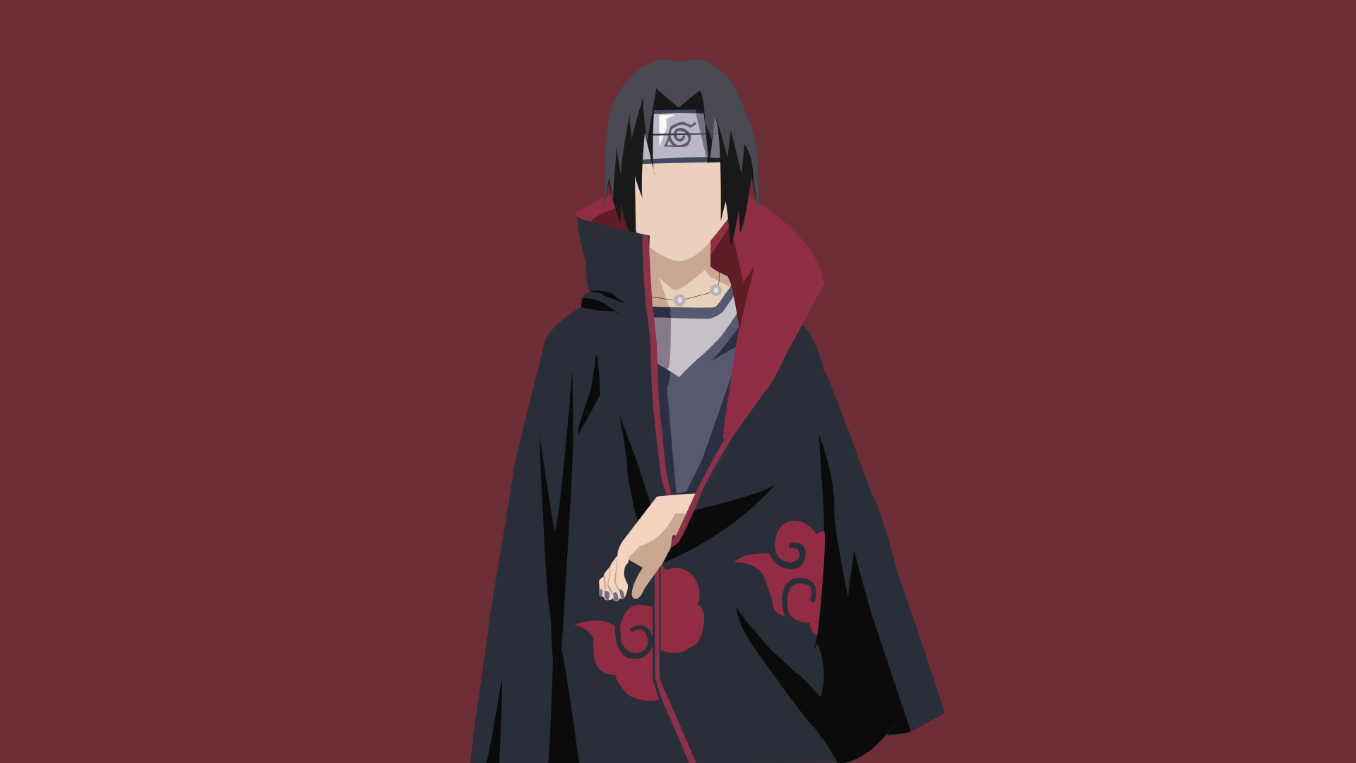 4K Ultra HD anime wallpaper featuring Itachi Uchiha from Naruto, set against a solid maroon background with his signature Akatsuki cloak.