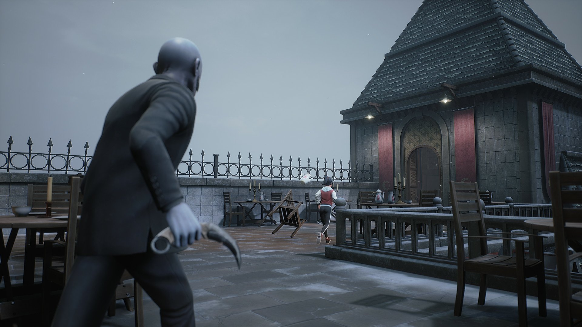 HD desktop wallpaper featuring a suspenseful scene from the game Propnight with a character holding a weapon and another character running away on an eerie, dimly-lit patio.