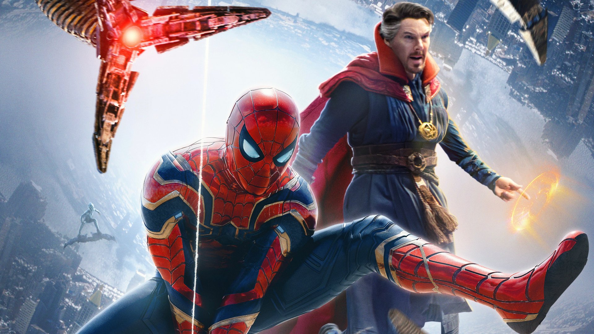 4K Ultra HD wallpaper featuring Spider-Man (Peter Parker) alongside Doctor Strange from the movie Spider-Man: No Way Home in an action-packed scene.