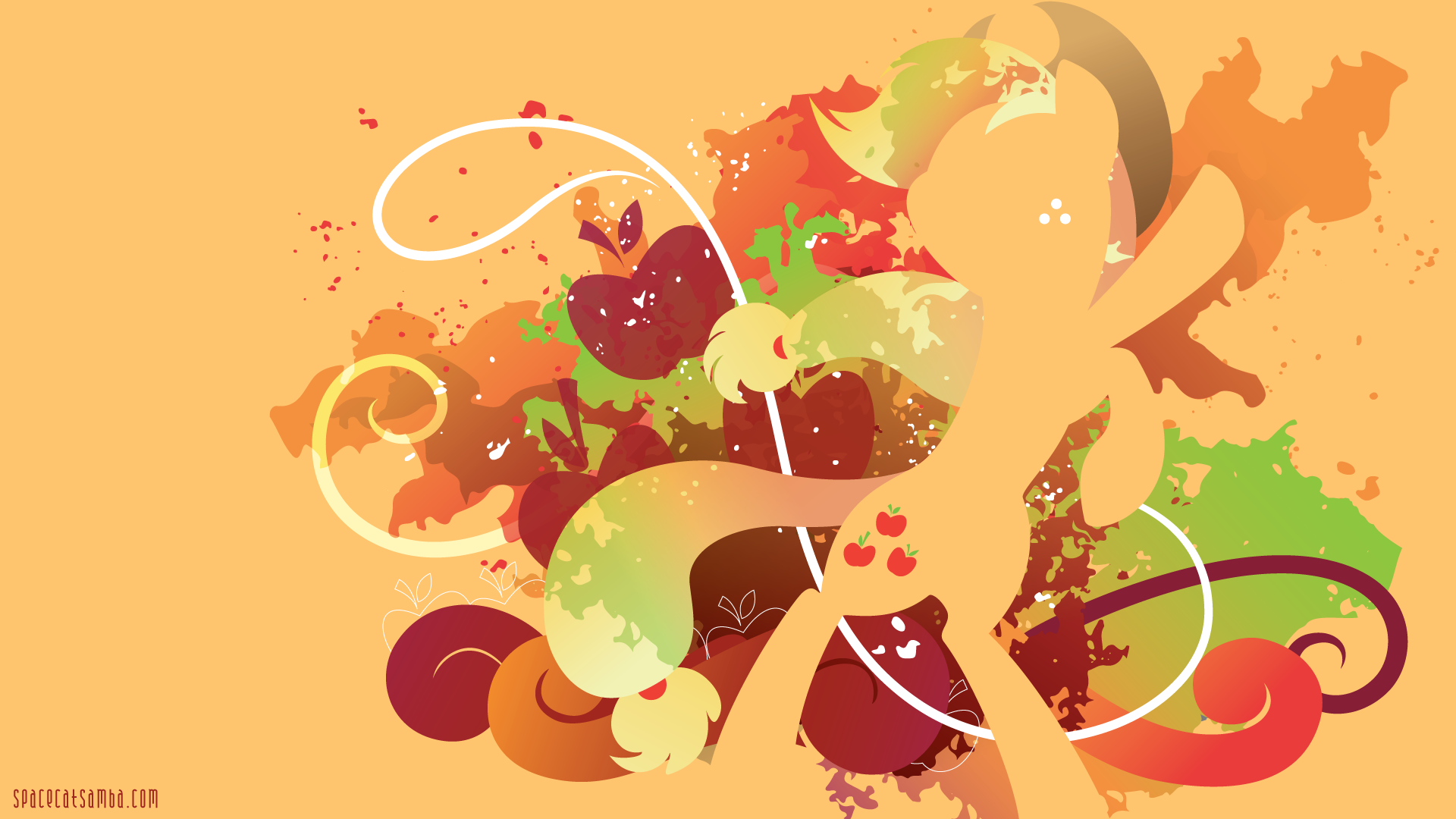 Minimalist 4K Ultra HD wallpaper featuring Applejack from My Little Pony: Friendship Is Magic with vibrant splashes of orange, green, and red colors.