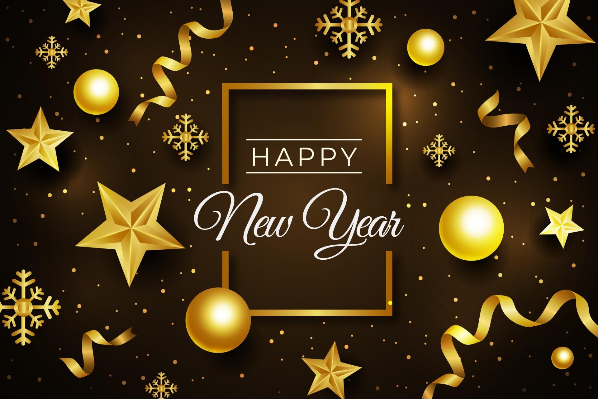 HD PC desktop wallpaper featuring a festive New Year holiday design with gold stars, ornaments, ribbons, and snowflakes on a dark background.